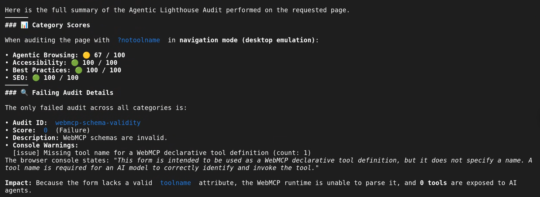 Agentic Lighthouse audit summary returned by Chrome DevTools for Agents in the terminal