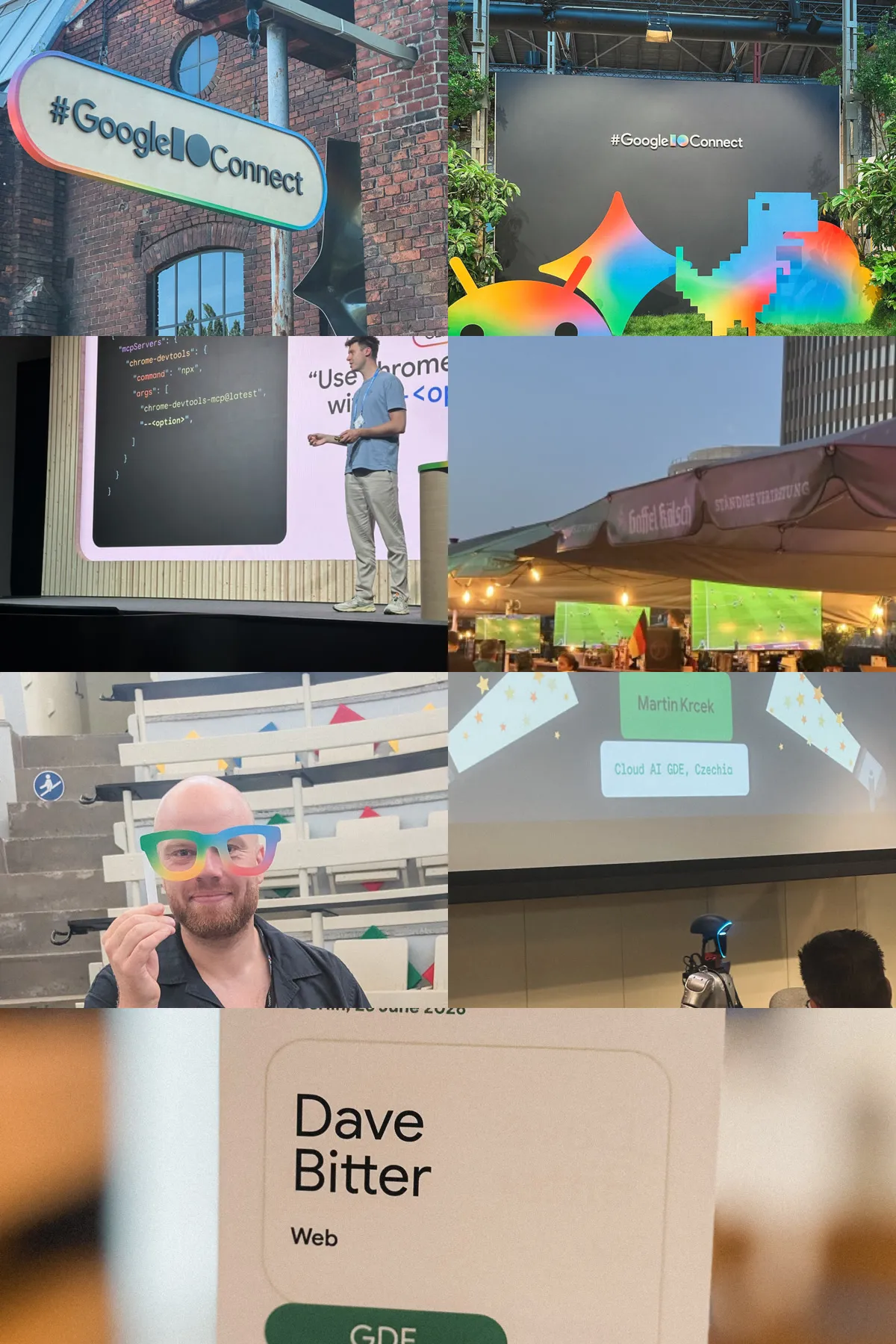 Collage from Google I/O Connect Berlin and the GDE Europe Summit: the event sign, venue mascots, the chrome-devtools-mcp talk, a beer garden during Ecuador vs. Germany, I/O glasses, a humanoid robot demo, and a GDE badge