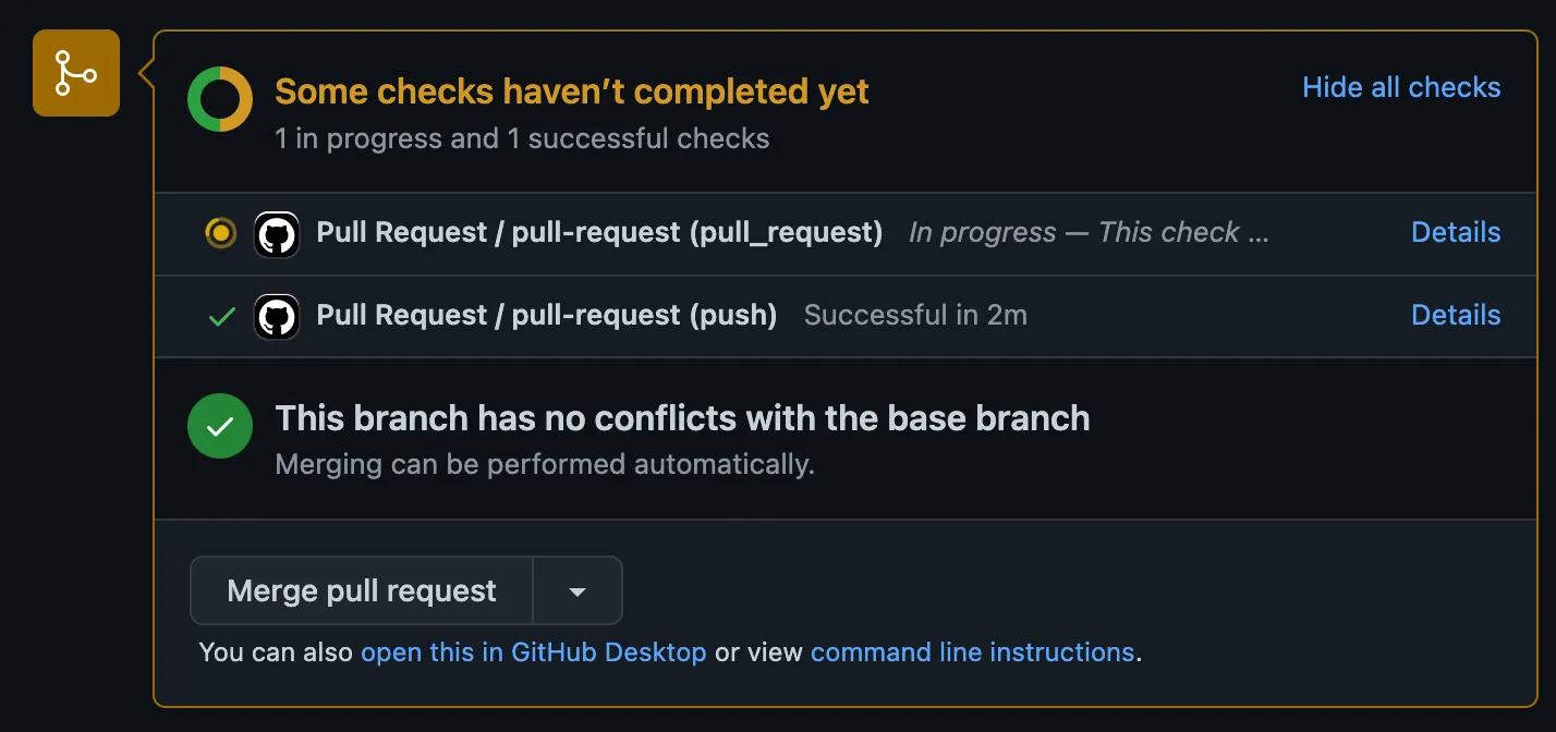 Screenshot of pull request overview where you can see the actions being required to merge