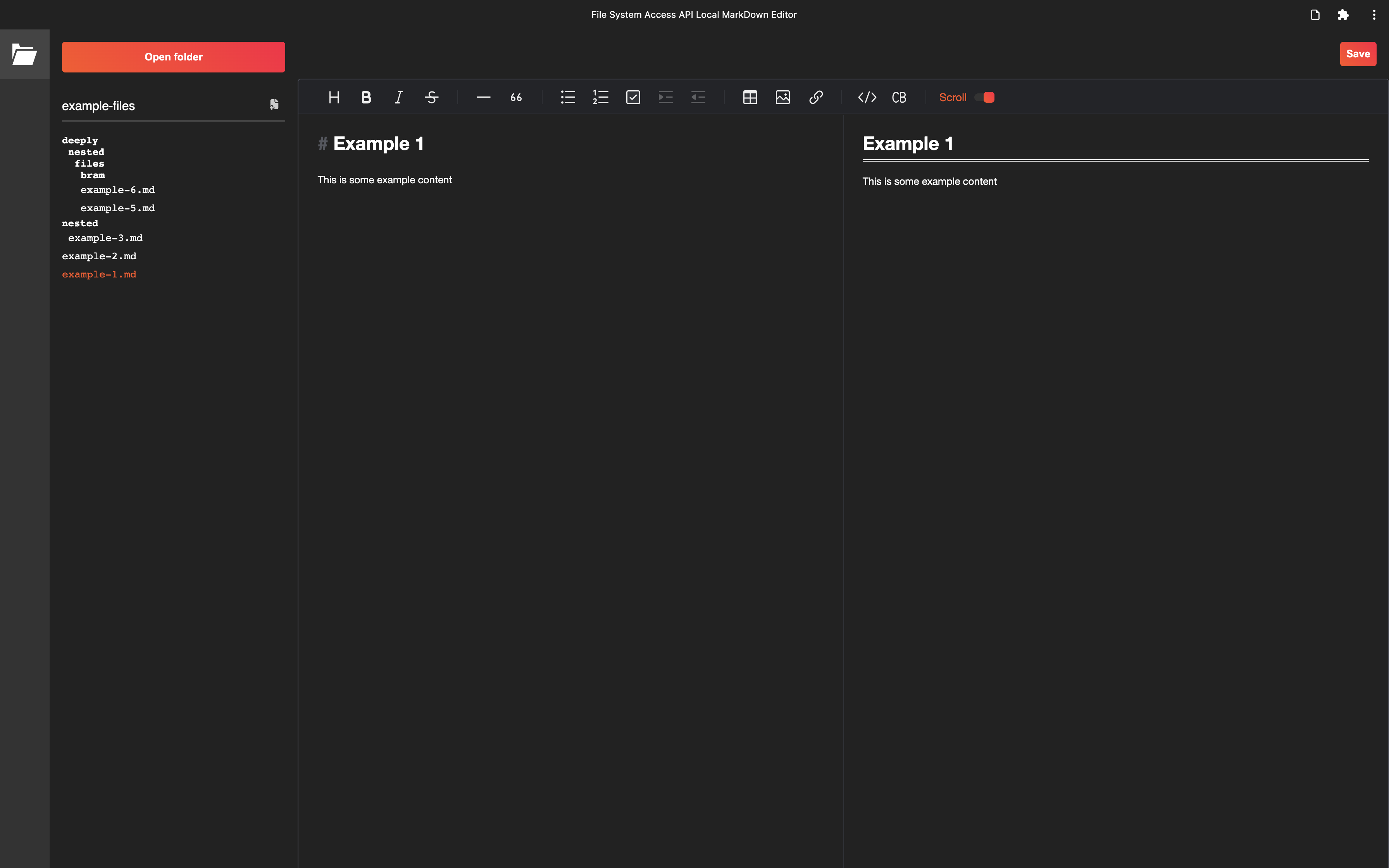 Screenshot of the demo application showing a sidebar with nested files and a Markdown editor view with an edit field and a preview field