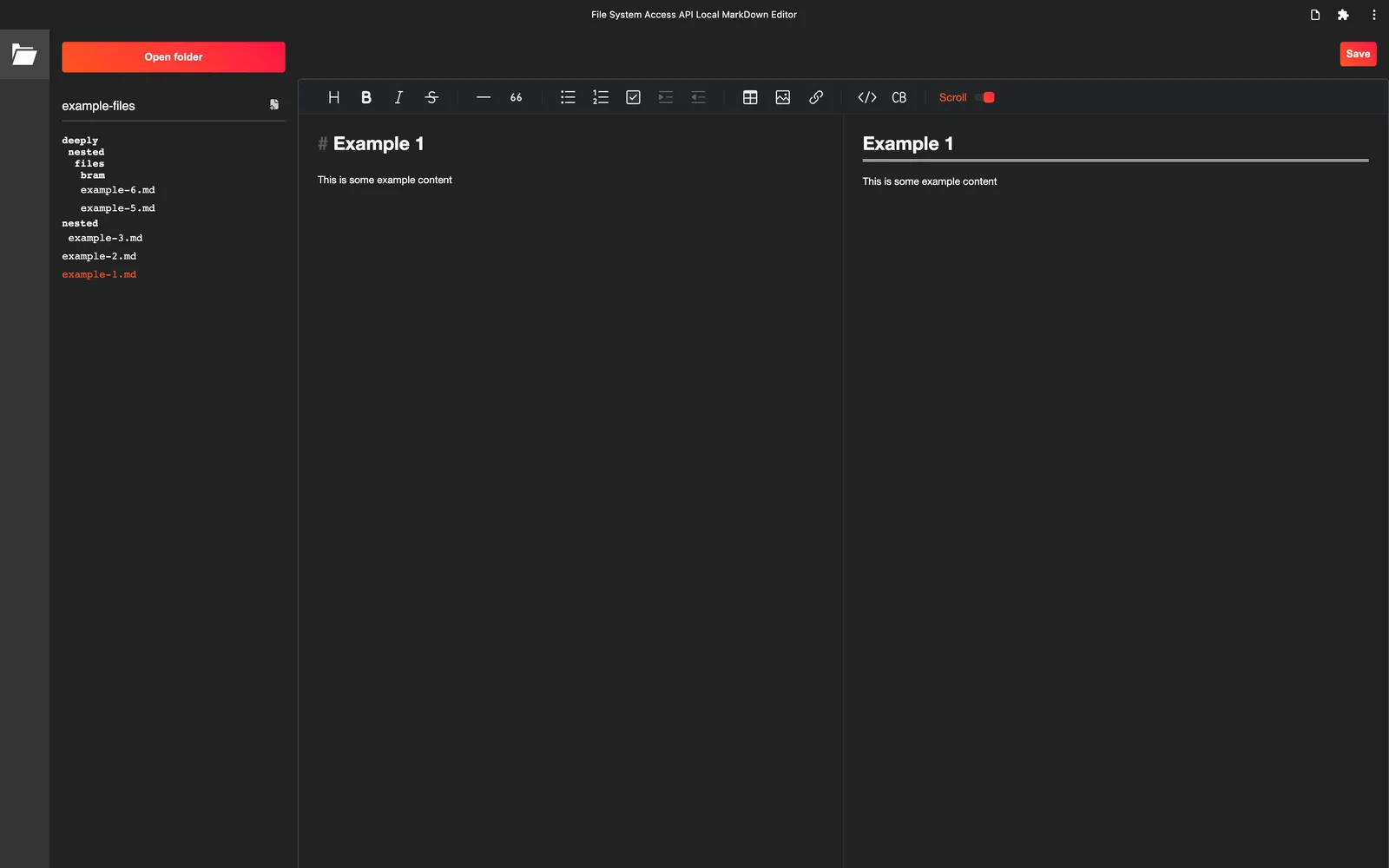 Screenshot of the demo application showing a sidebar with nested files and a Markdown editor view with an edit field and a preview field