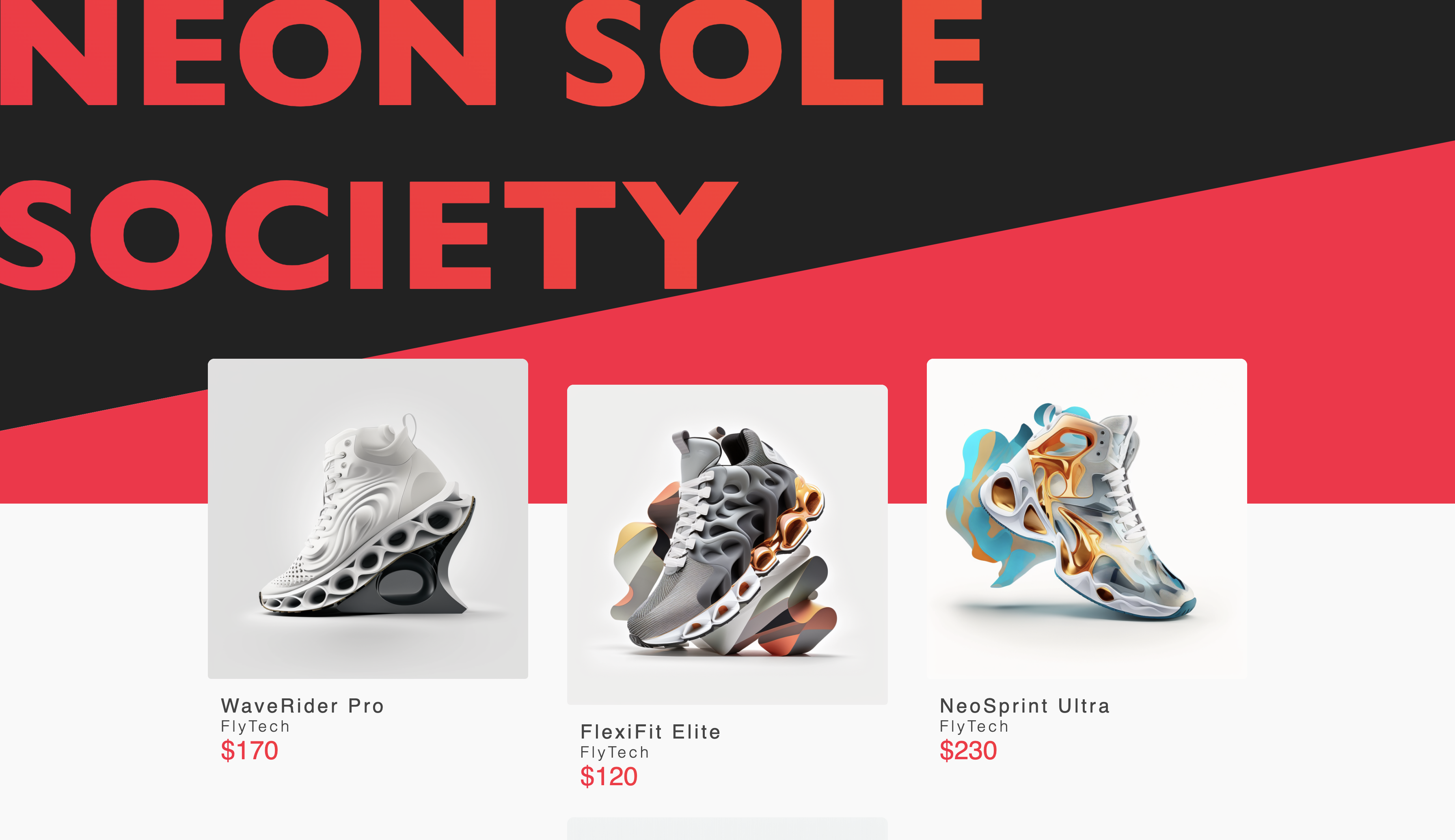 Screenshot of the overview page with a product grid for a futuristic sneaker store
