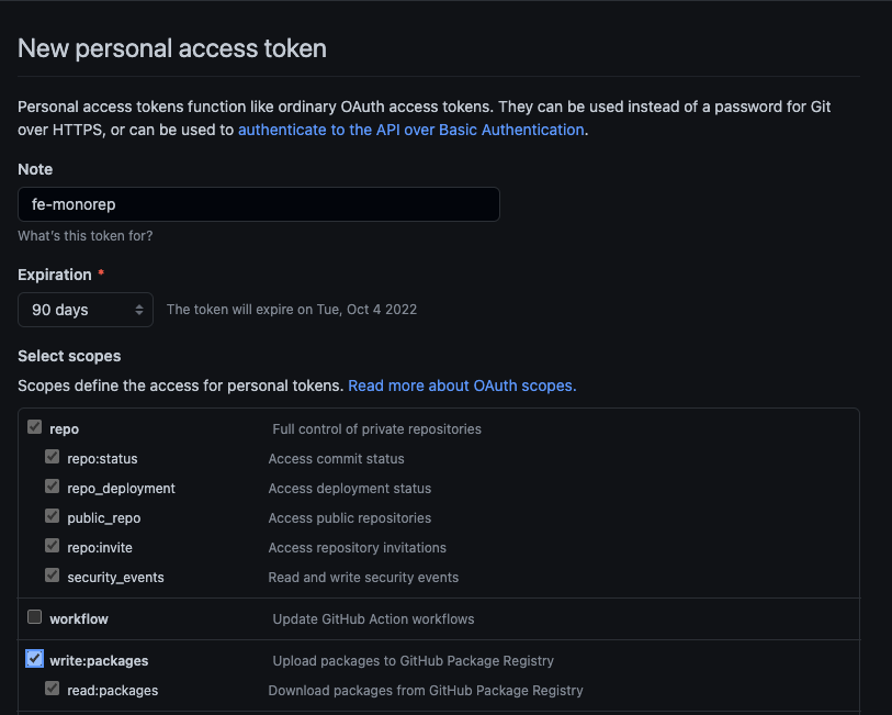 GitHub settings page to create a new access token