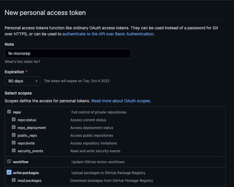 GitHub settings page to create a new access token
