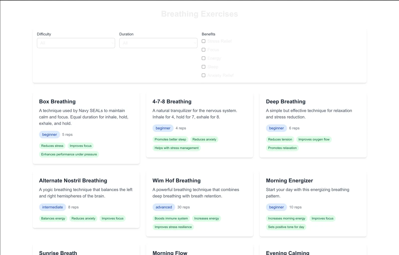 Basic overview page with cards that have exercises for breathing