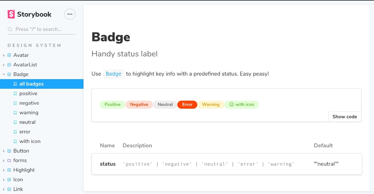 Storybook showcasing a badge component