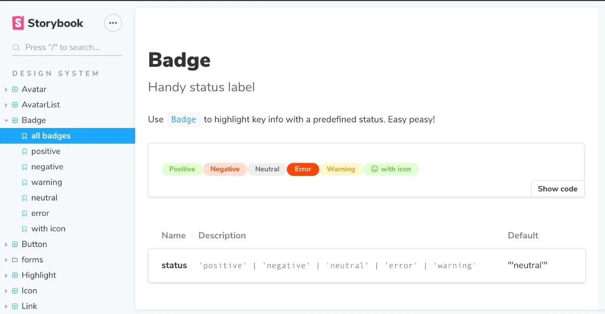 Storybook showcasing a badge component